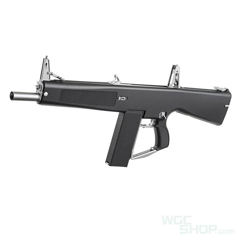 Black airsoft shotgun with a box magazine and silver accents on a white background