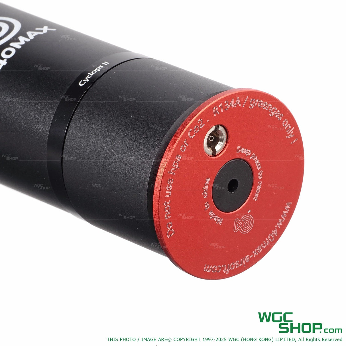 40mm Cyclops II airsoft grenade with adjustable velocity and red gas refill cap