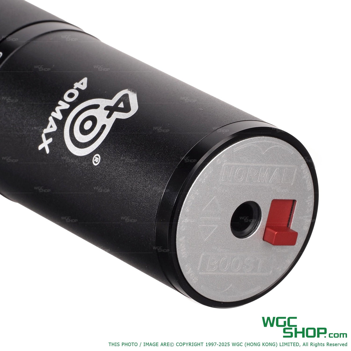 Close-up of a black 40MAX Cyclops 40mm airsoft grenade with adjustable velocity dial