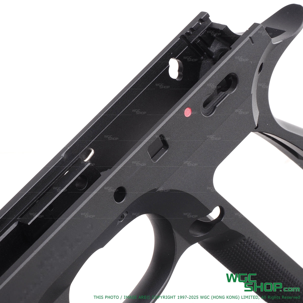 Close-up view of black 5KU aluminum frame for KJ WORKS SHADOW2 and TS2 GBB airsoft