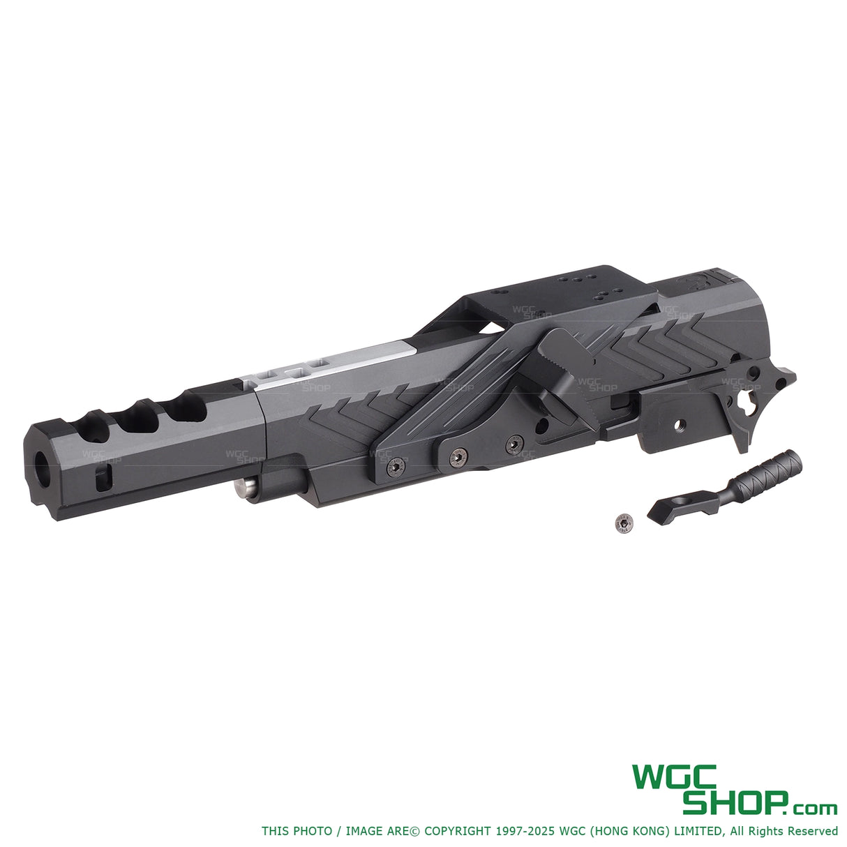 Left side view of black with silver aluminum IMM style conversion kit for MARUI Hi-Capa airsoft