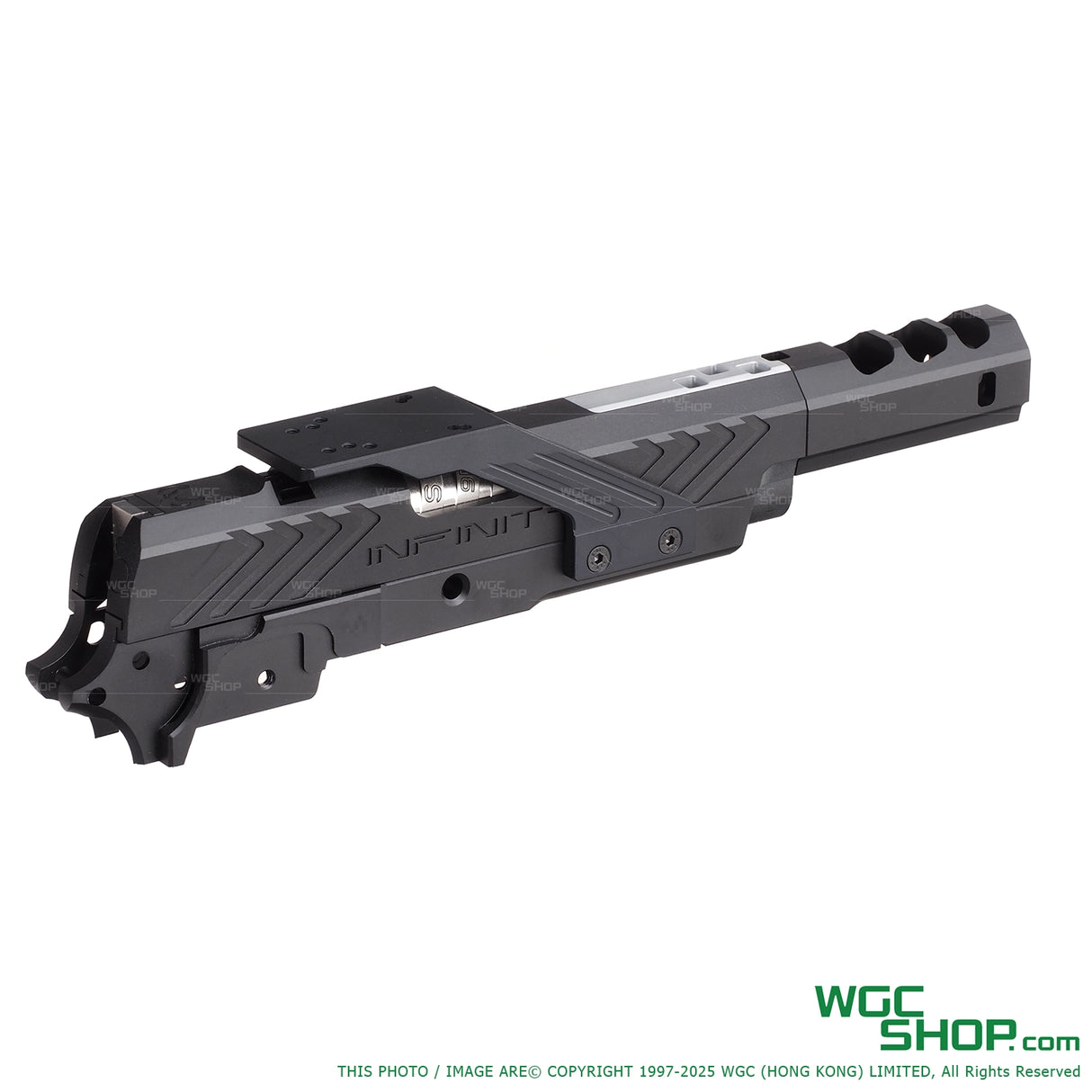 Right side view of black with silver aluminum IMM style conversion kit for MARUI Hi-Capa airsoft