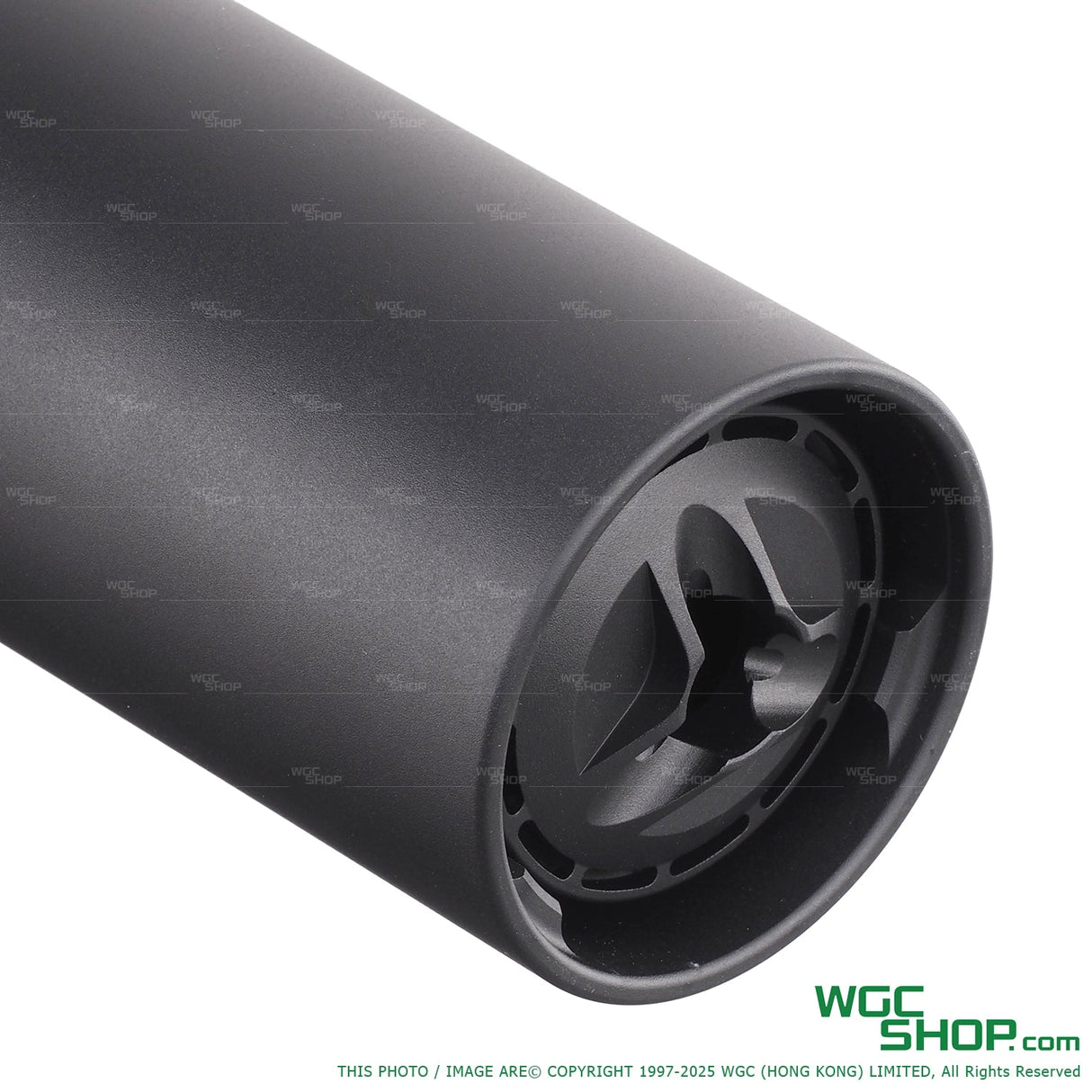 Close-up of matte black 14mm CCW barrel extension by 5KU with vented end cap