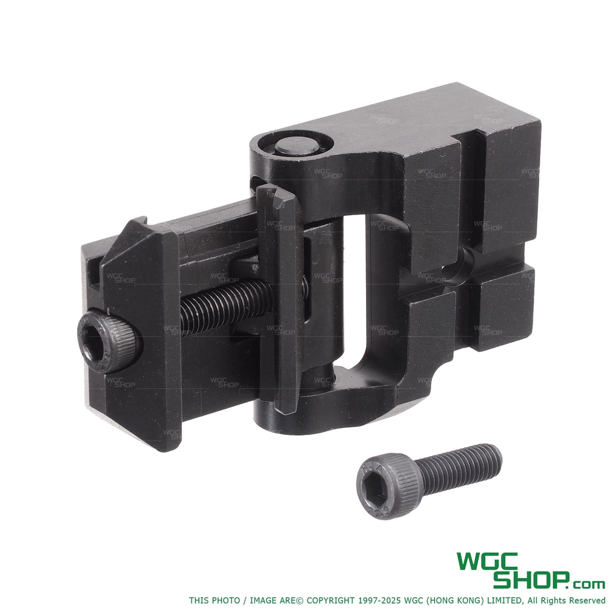 Black metal hinge for 1913 and PT-13 stocks with an additional screw on white background