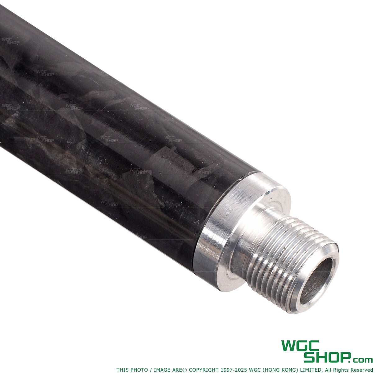 Close-up of Featherlite foil forged carbon patterned outer barrel with threaded aluminum end