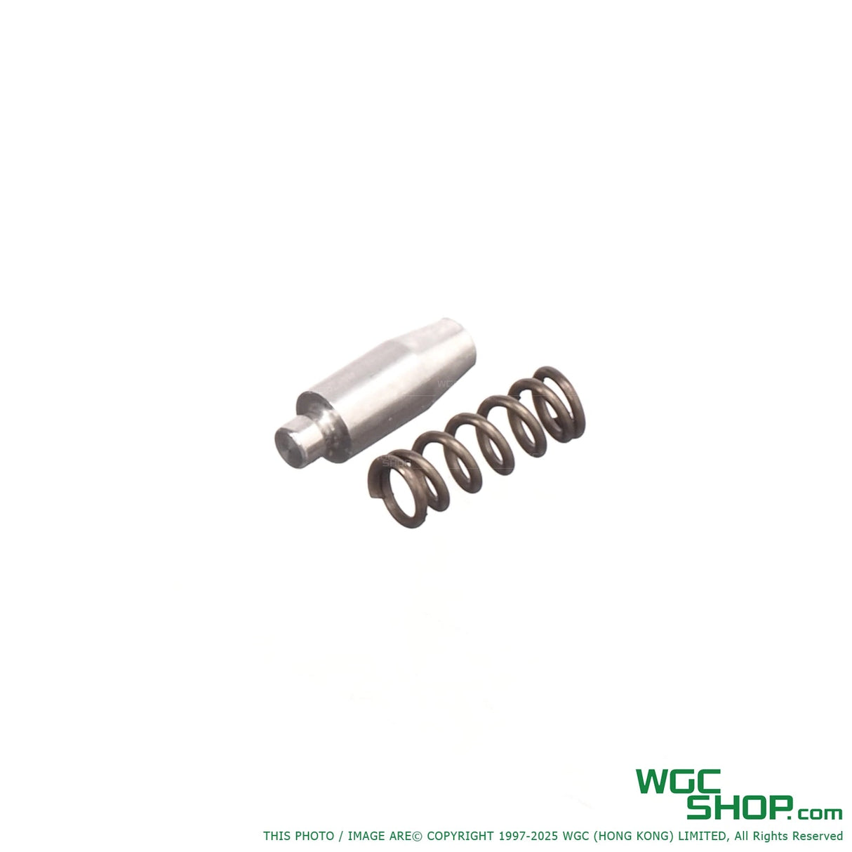 Metal pin and black coil spring for PB P365 X Macro GBB pistol parts on white background