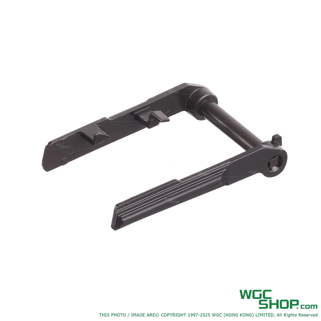 Black steel slide stop assembly for PPQ airsoft pistol on white background