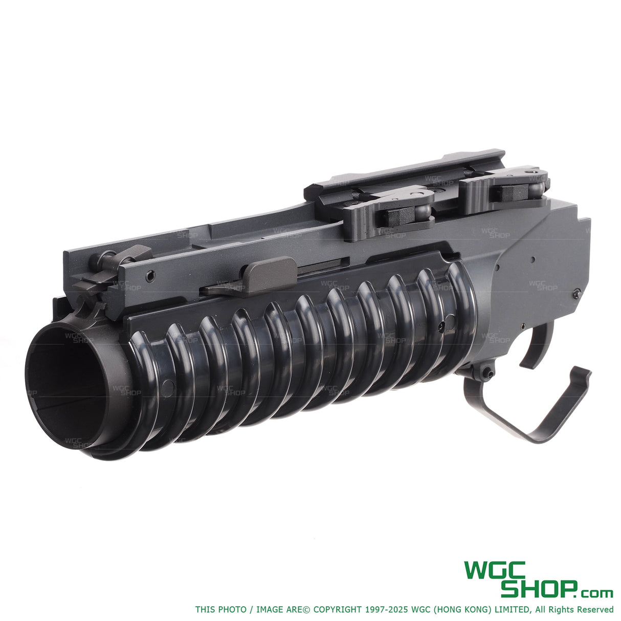 Black CYMA QD M203 Shorty airsoft grenade launcher with ribbed handguard and trigger on white background