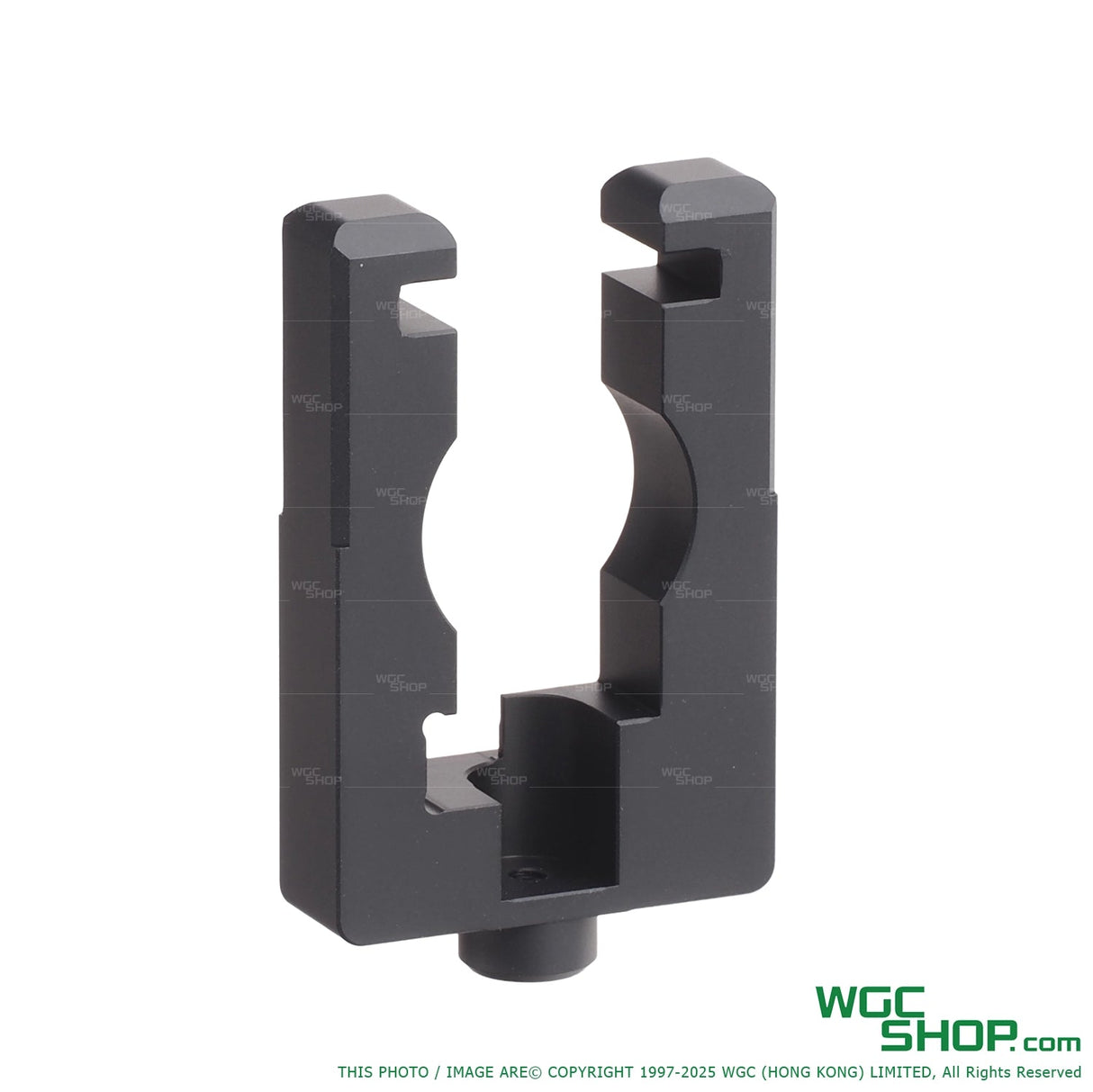 Black CNC machined aluminum reinforced mount part with cutouts on white background