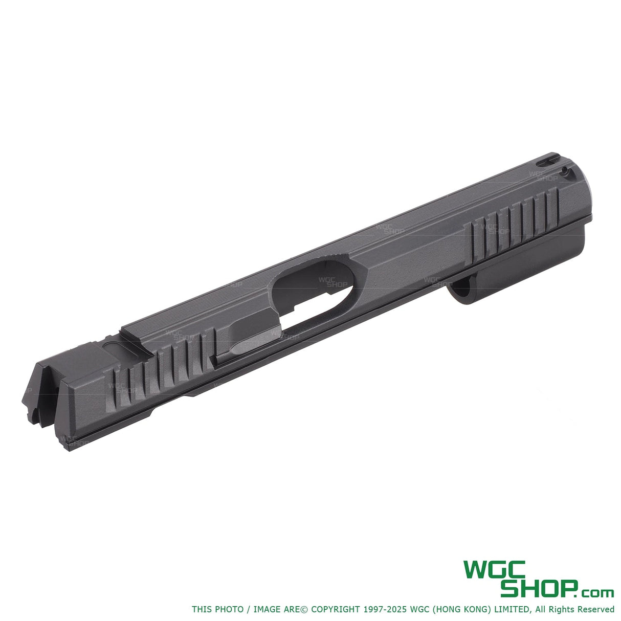 Black CZ Shadow 2 GBB pistol slide with detailed serrations isolated on white background