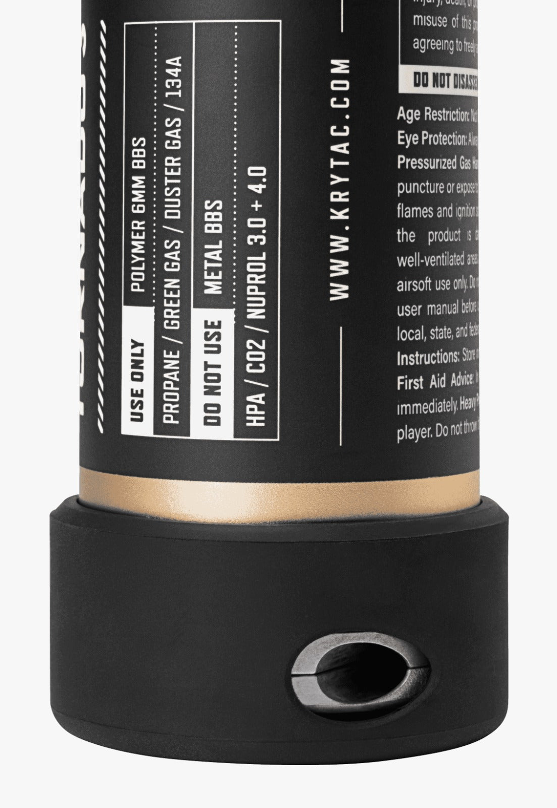 Close-up of Krytac Tornado 3 timed airsoft frag grenade label with usage and safety instructions