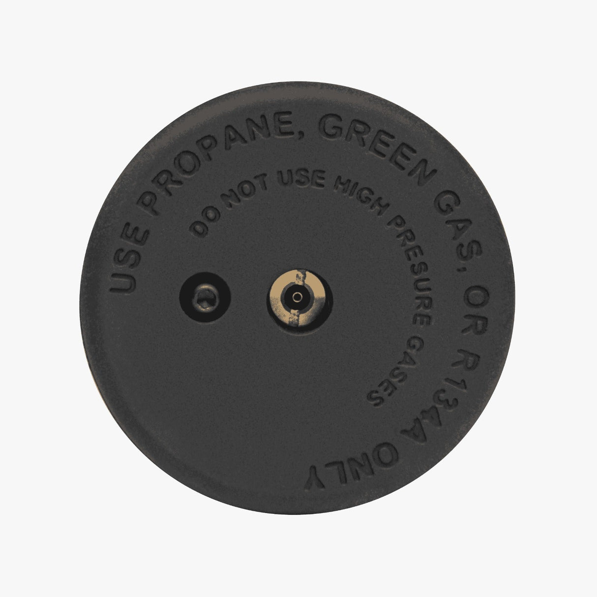 Top view of black airsoft frag grenade with use propane green gas warning text