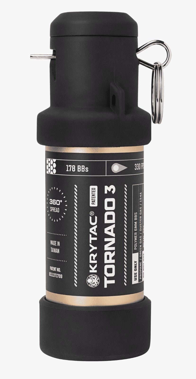 Krytac Tornado 3 black airsoft timed frag grenade with pull pin and 360° BB spread label