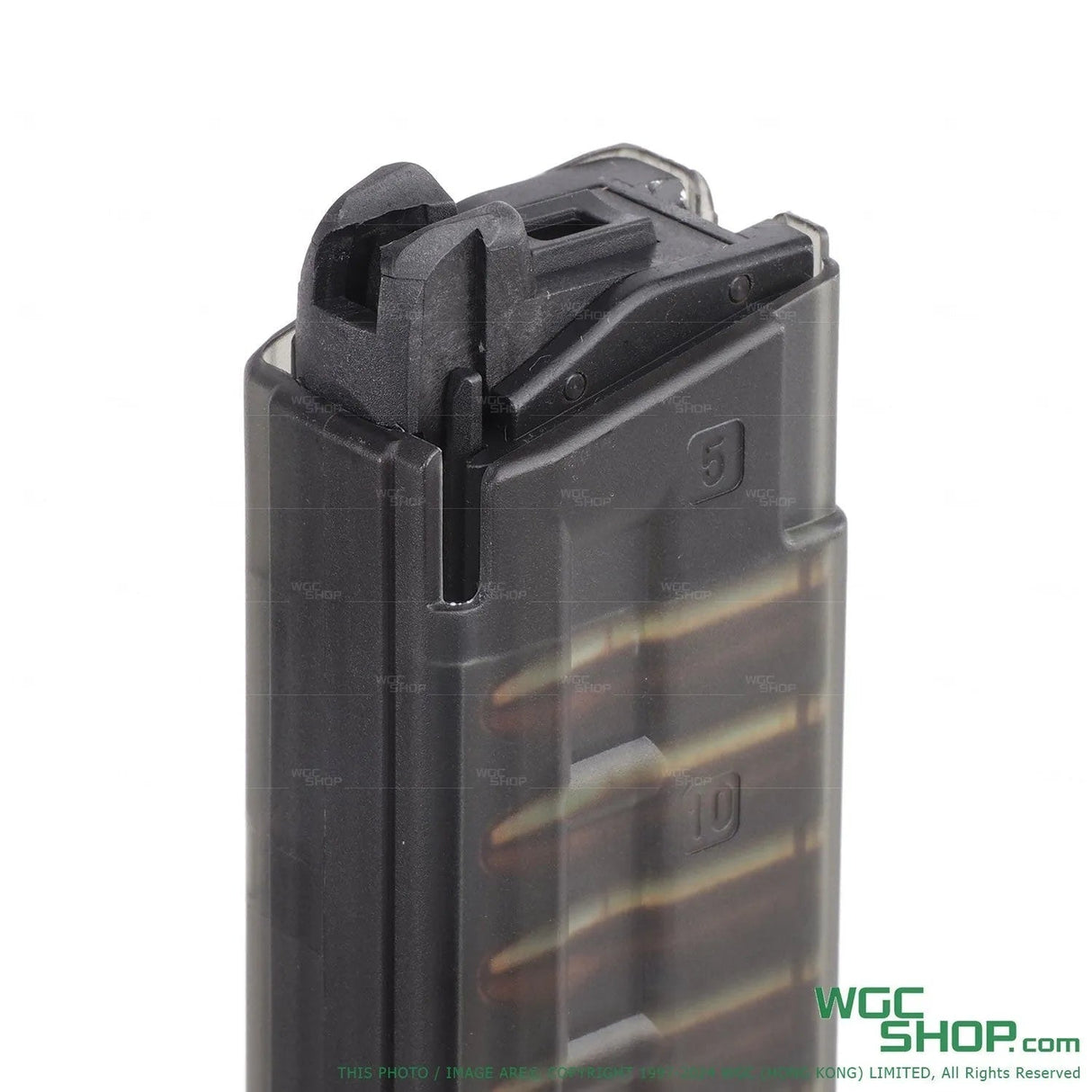 Close-up left side view of maruyama 45 rounds gas magazine for MP-IX and SCW-9 Pro
