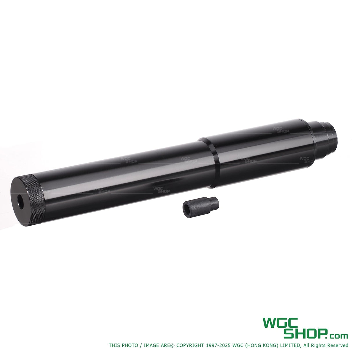 Black metal barrel extension for Maschinenpistole Uzi GBB with small cylindrical adapter on white background