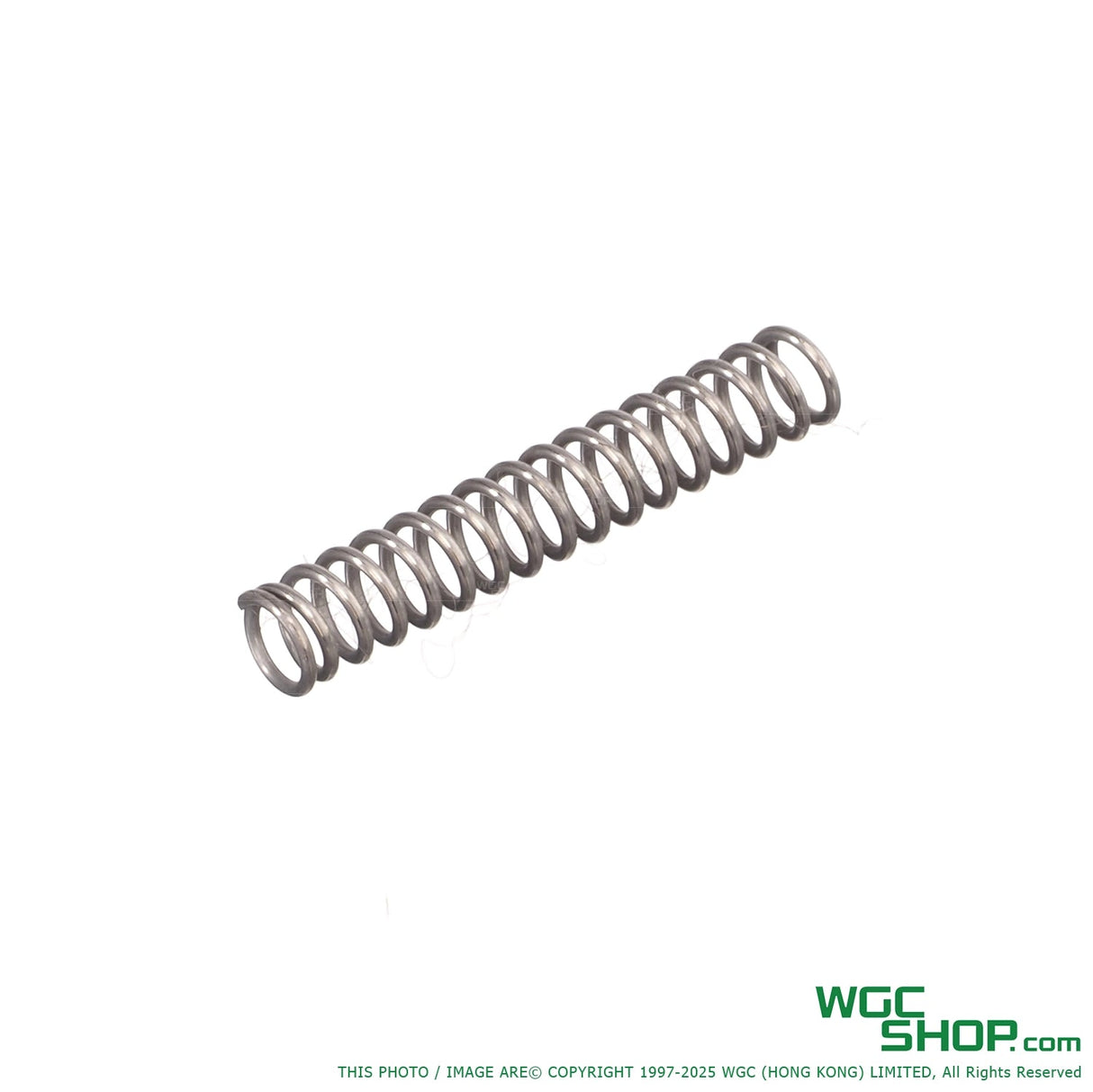 Close-up of Pro Arms 130 hammer spring for Marui Saiga 12K SBS GBB, metal coil spring on white background