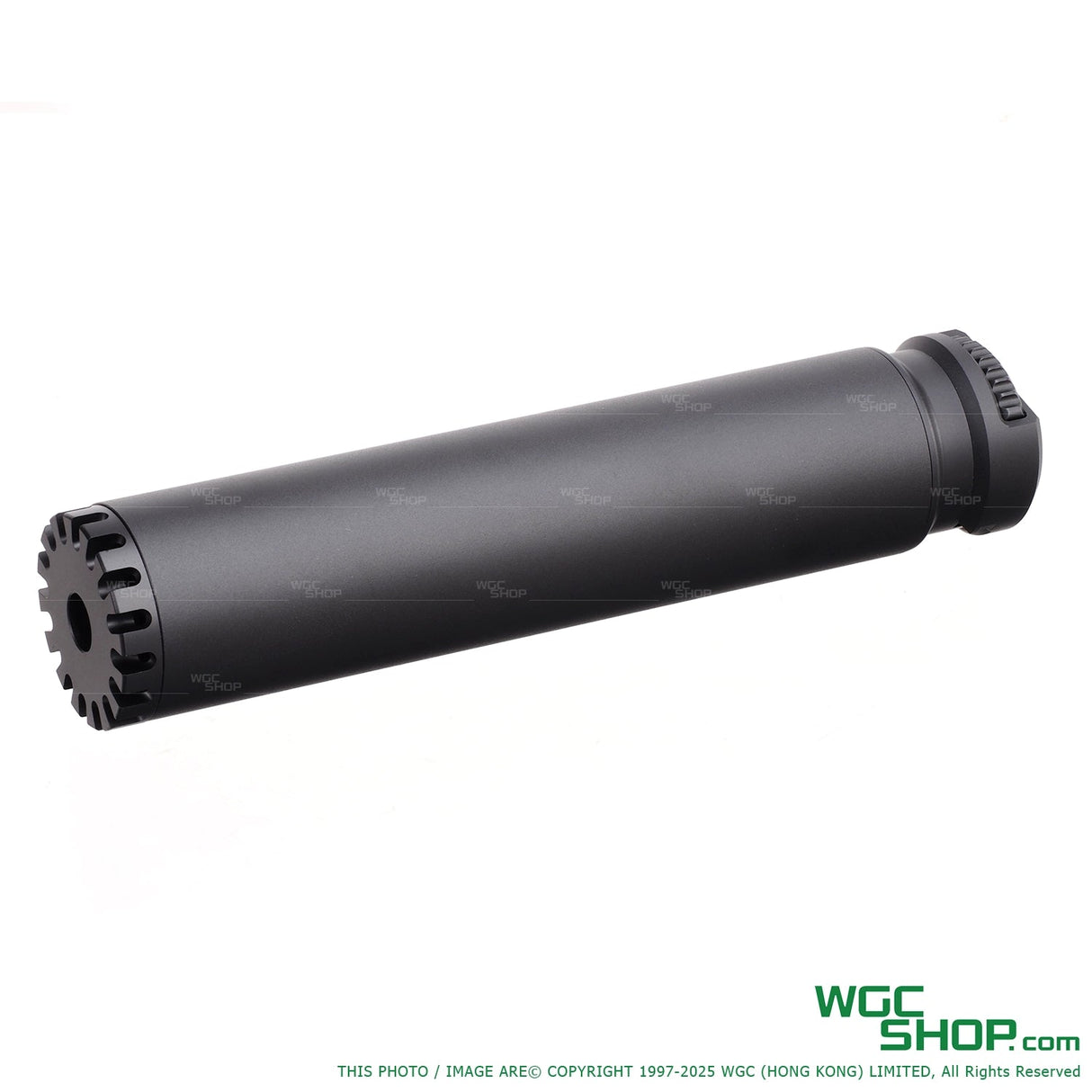 Black Task Forces SQD SMG suppressor with vented end cap on white background