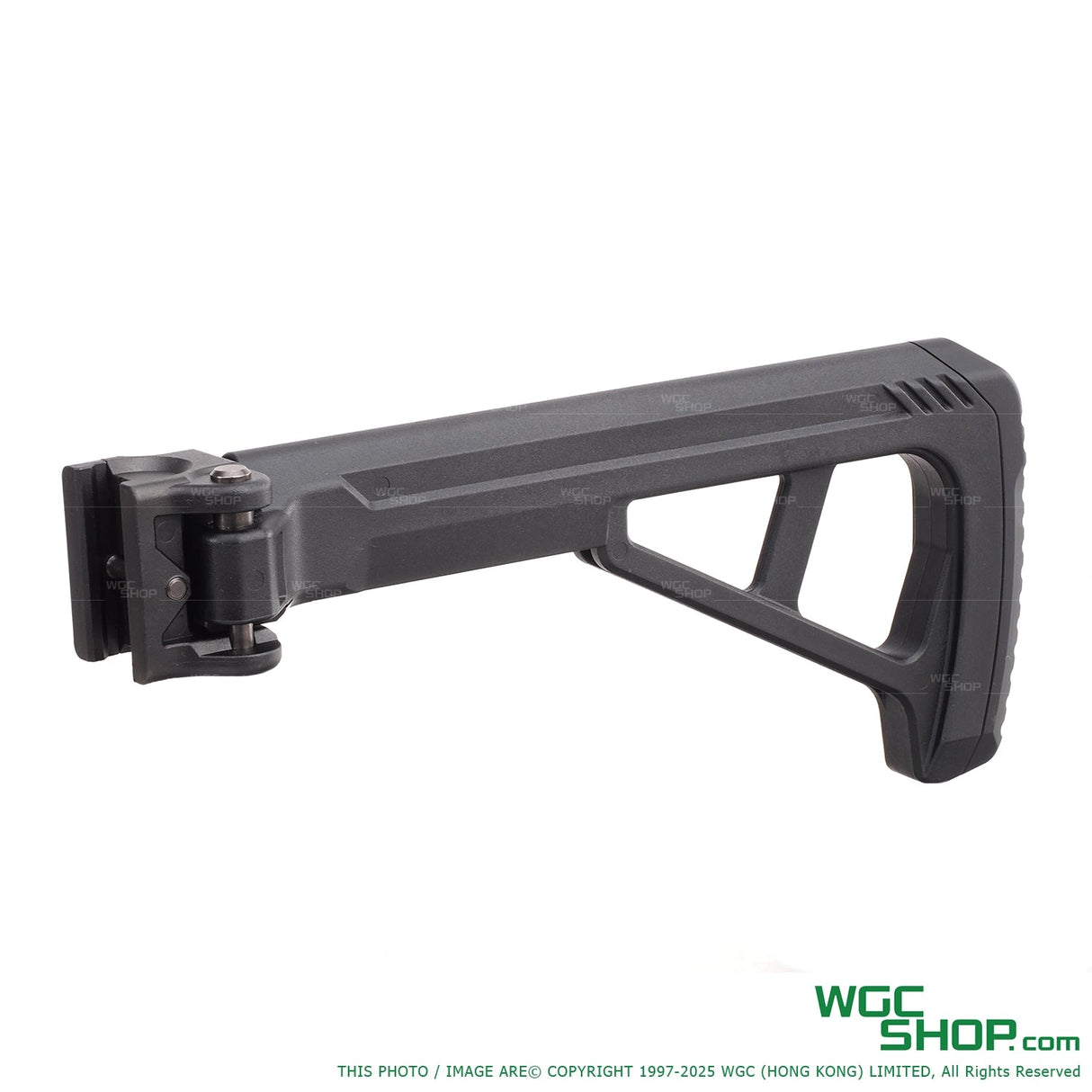 Black Tokyo Marui folding 20mm rail stock for airsoft guns on white background