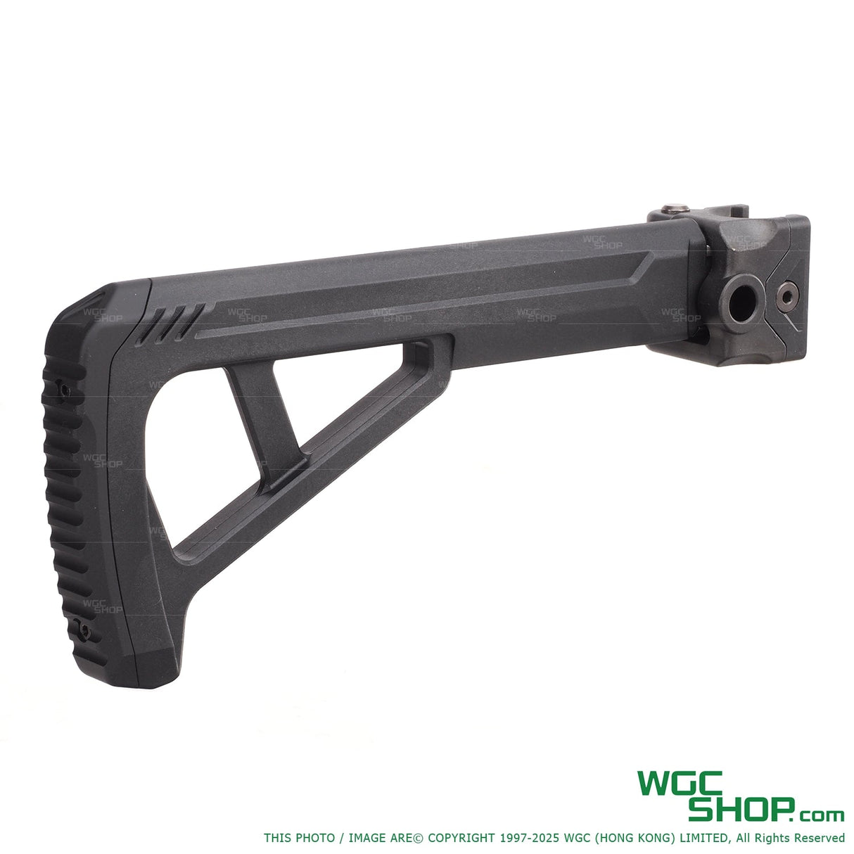 Tokyo Marui black folding 20mm rail stock for airsoft guns, isolated on white background