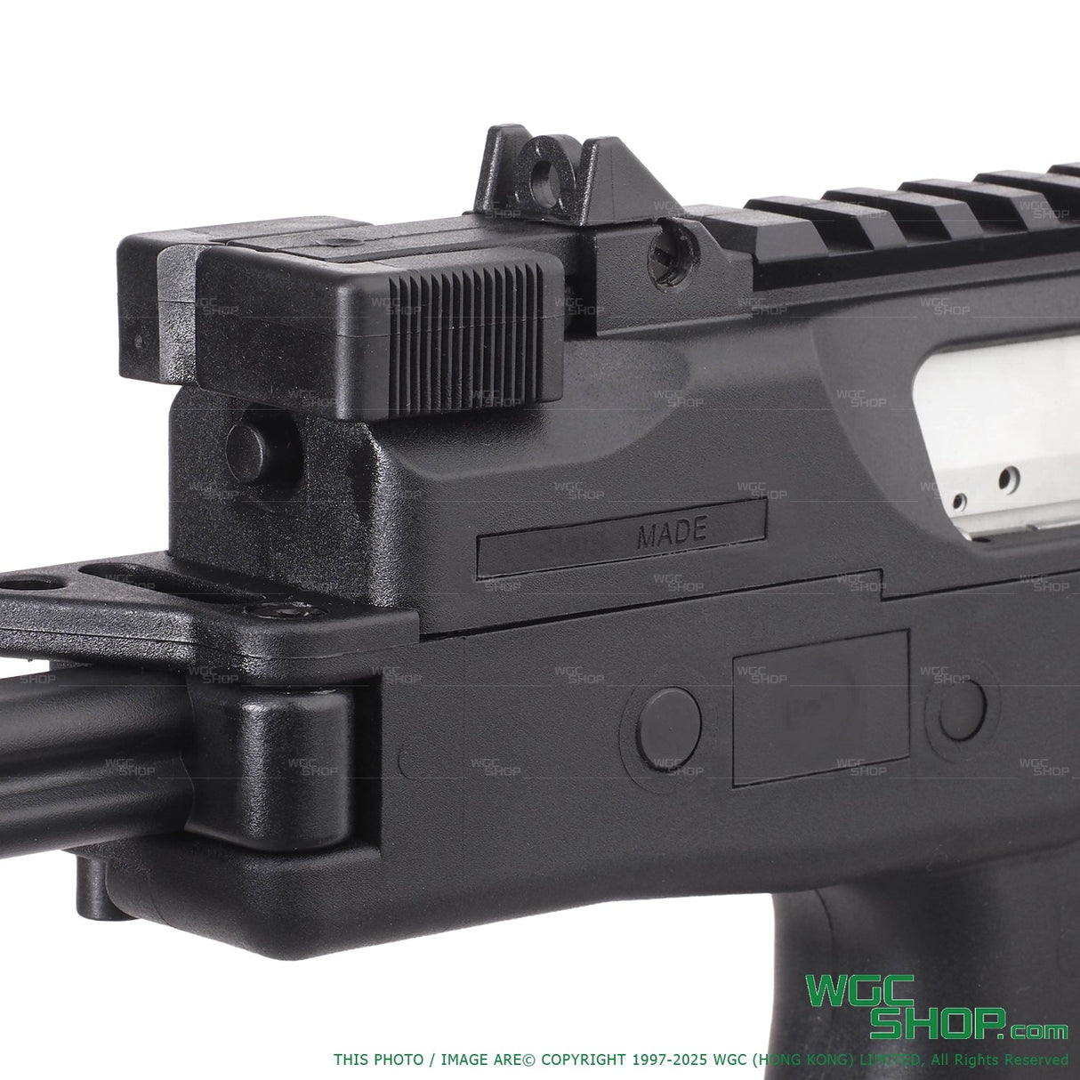 Close-up of black Maruyama MP-IX GBB airsoft gun rear with detailed polymer parts and top rail