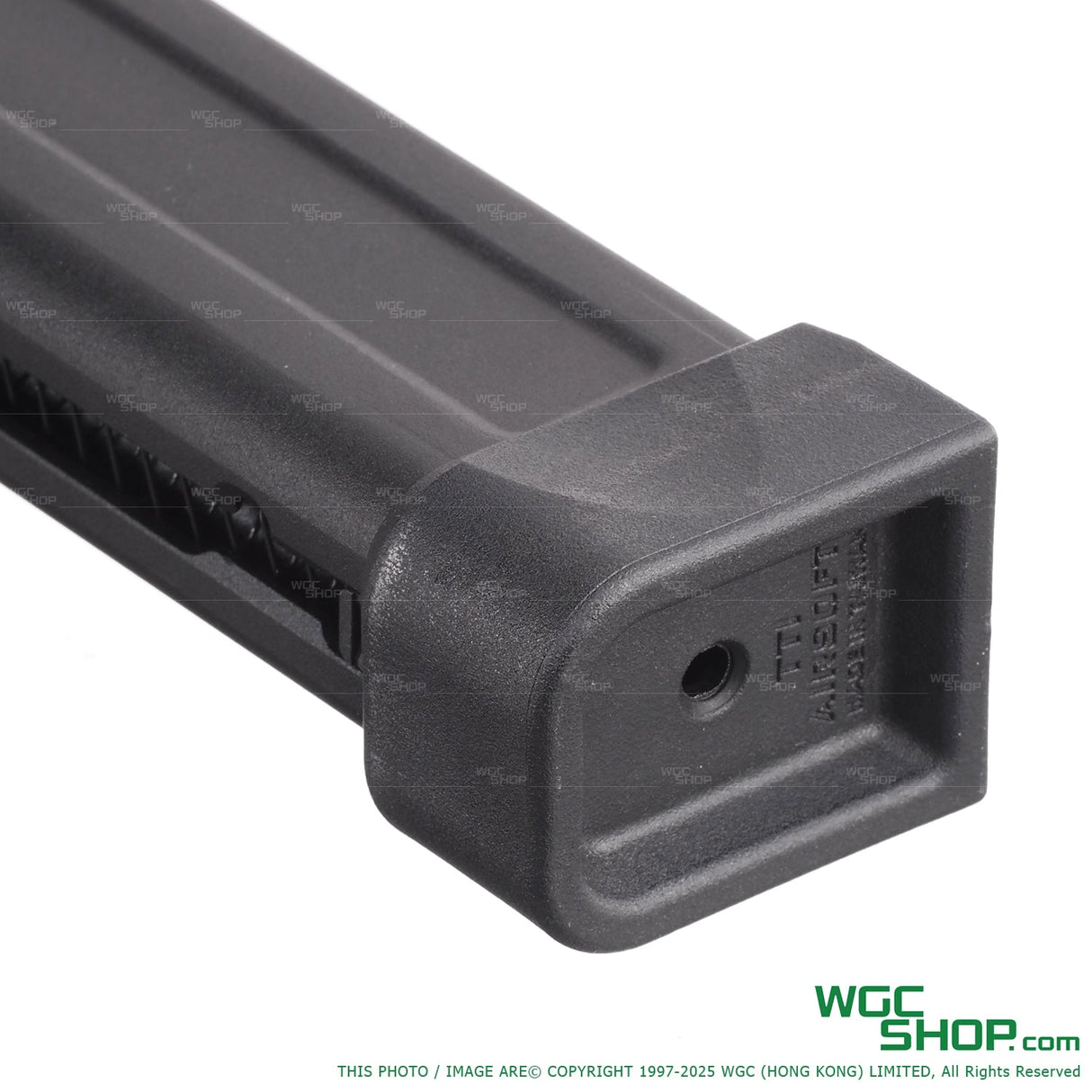 Close-up of TTI Airsoft 40-round CNC aluminum lightweight Hi-Capa gas magazine in black