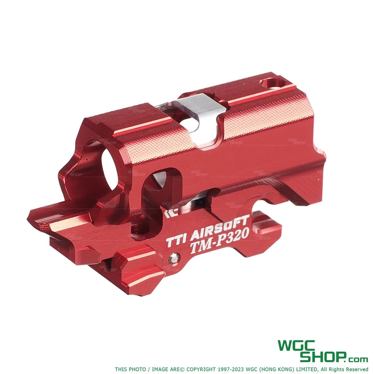 Left view of TTI AIRSOFT Infinity One Piece Full CNC TDC Hop-Up Chamber for Marui P320 GBB Airsoft - Red