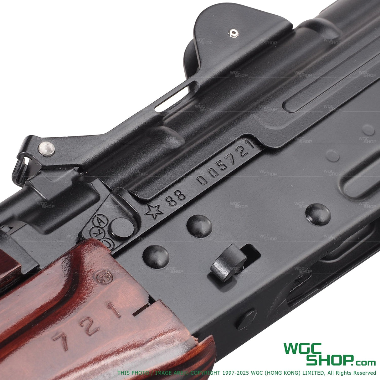 Close-up of VFC AKS-74U GBB airsoft rifle receiver with serial numbers and wood handguard