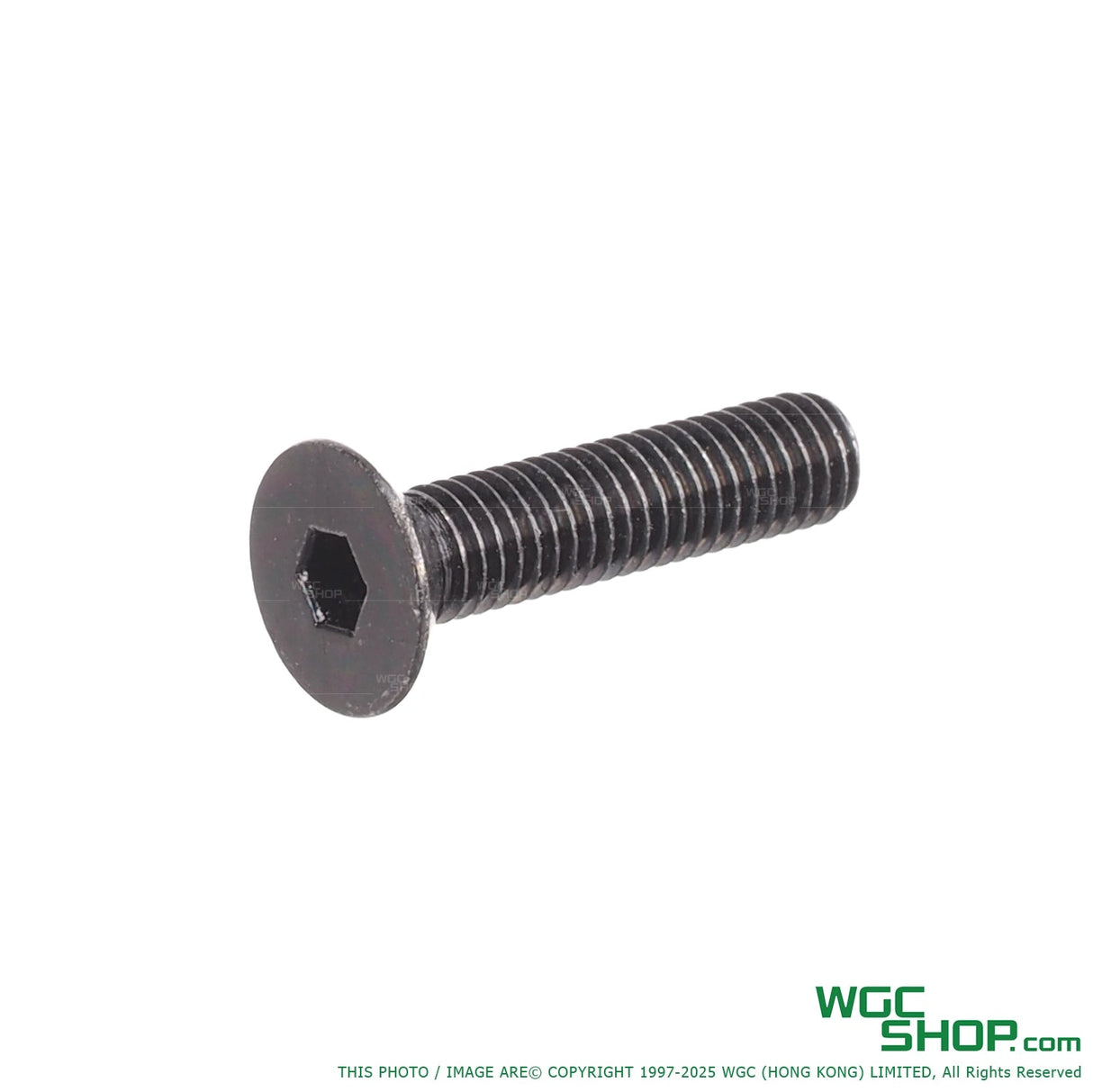 Black metal M5x22 hex socket flat head screw on white background