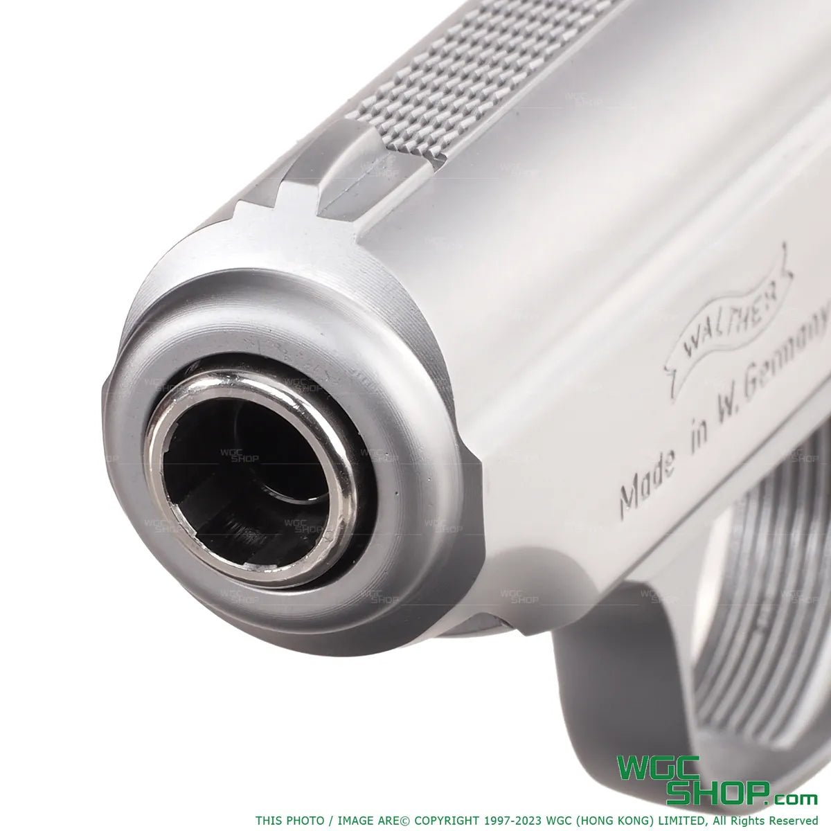Front close-up of VFC PPK/S GBB Airsoft - Silver color