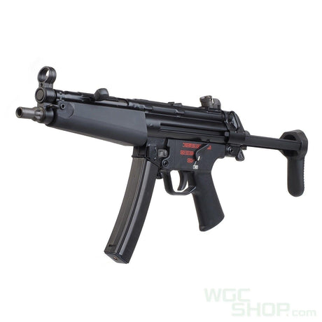 Black MP5-style airsoft gun with a folding stock and curved magazine on white background