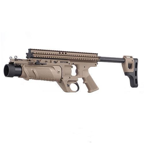 Tan airsoft grenade launcher with black barrel and adjustable stock on white background