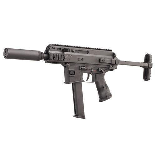 Black airsoft SMG PDW with suppressor and folding stock on white background