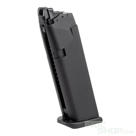 black handgun magazine with base plate on white background