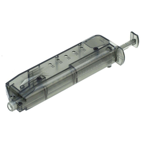 transparent polymer airsoft magazine loader with volume markings on white background