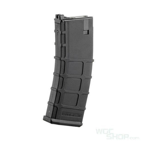 Black polymer rifle magazine with ribbed design for AR-style firearms on white background