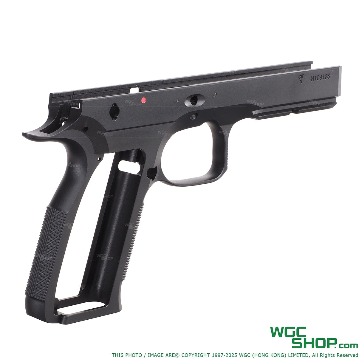 Black 5KU CNC aluminum frame for KJ Works Shadow2 TS2 GBB pistol, side view on white background