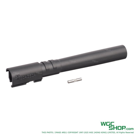 black stainless steel outer barrel for KJ Works CZ Shadow 2 GBB with small metal pin on white background