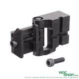 Black metal hinge for 1913 and PT-13 stocks with an additional screw on white background