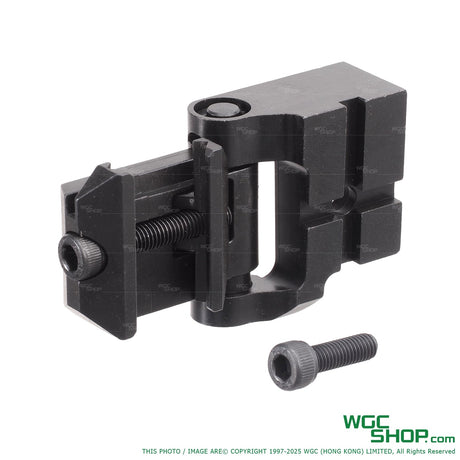 Black metal hinge for 1913 and PT-13 stocks with an additional screw on white background