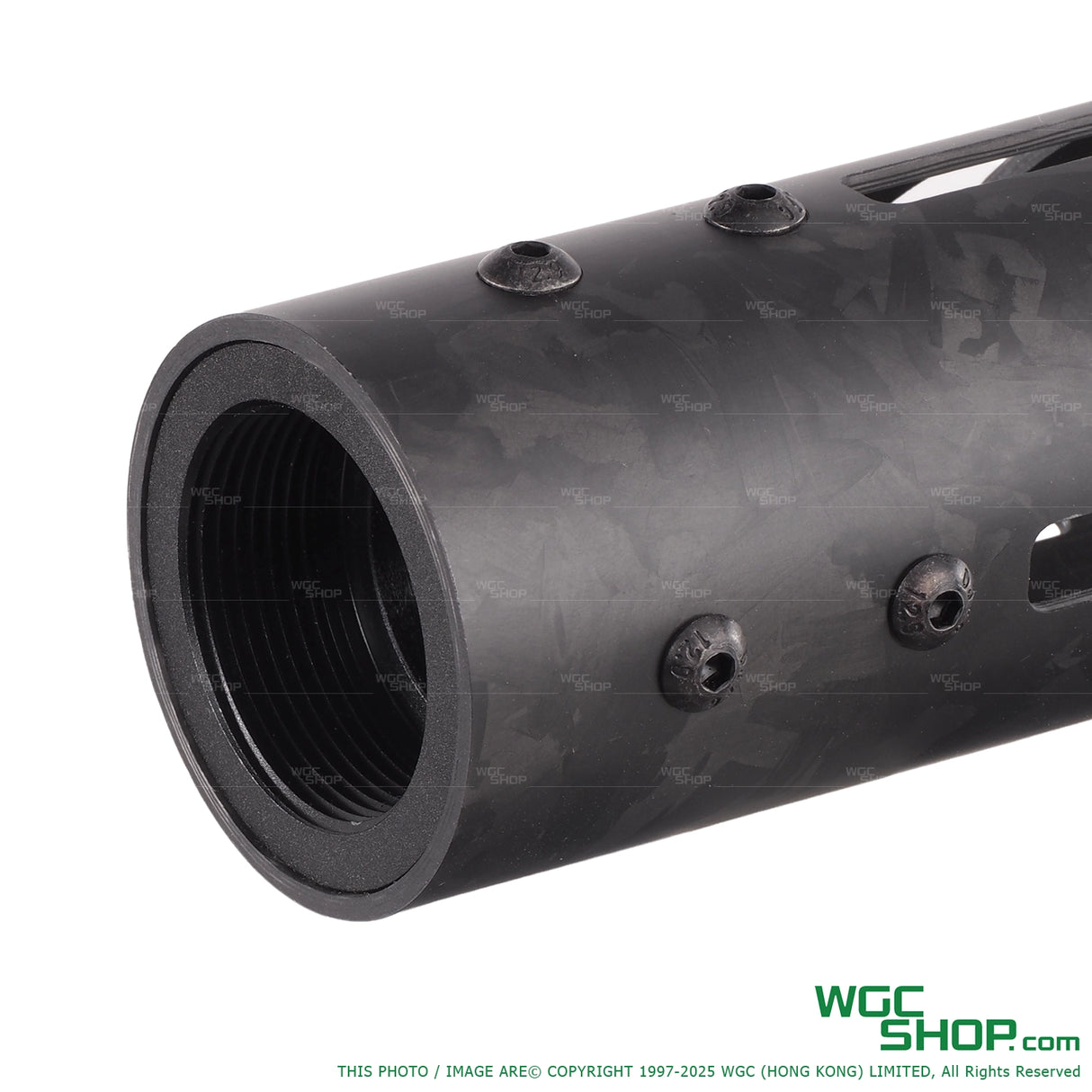 Close-up of forged carbon patterned black handguard with screws for Marui M4 GBB airsoft gun