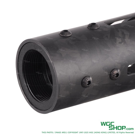 Close-up of forged carbon patterned black handguard with screws for Marui M4 GBB airsoft gun