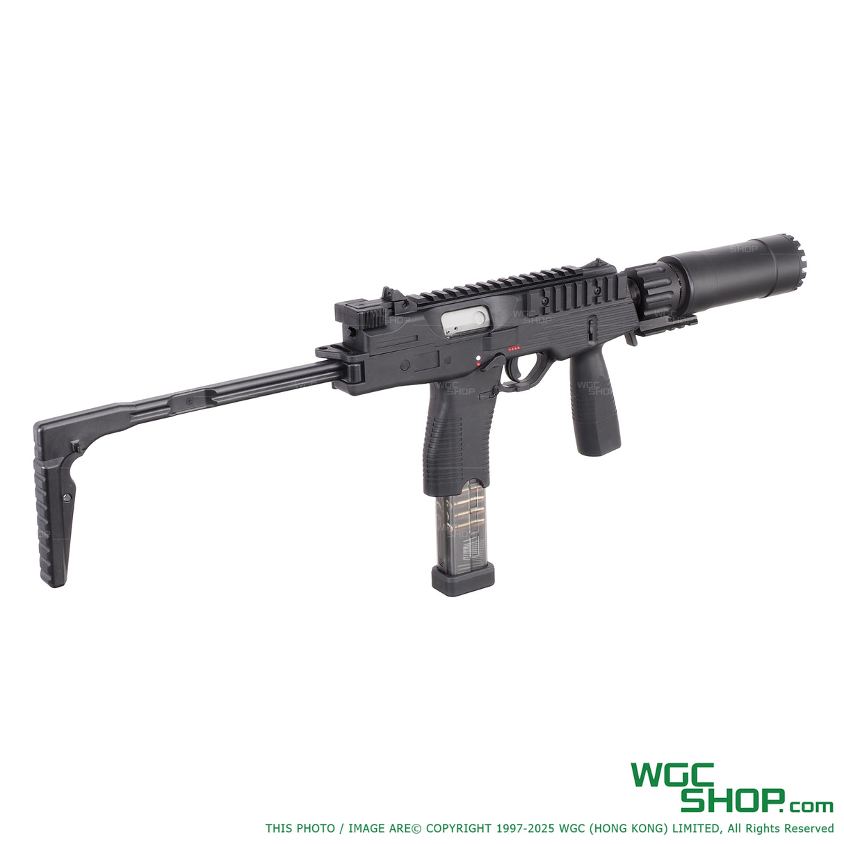 MARUYAMA MP-IX DX GBB Folding Stock Right-Side View with Stock Extended and Silencer Attached