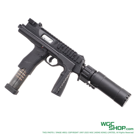 MARUYAMA MP-IX DX GBB Folding Stock Right-Side View with Stock Extended and Silencer Attached