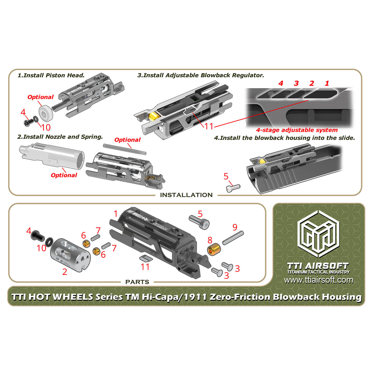 TTI AIRSOFT Hot Wheels Series Zero Friction Lightweight Blowback Housing for Marui Hi-Capa / 1911 GBB-
