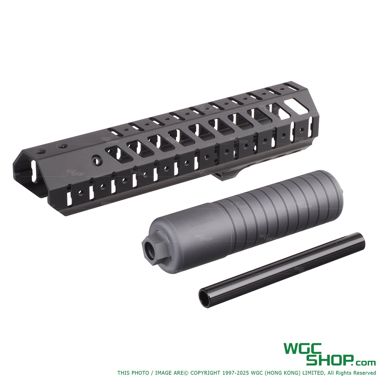 Black tactical Airsoft Artisan LV-AW handguard with barrel and suppressor for SIG MCX airsoft rifle