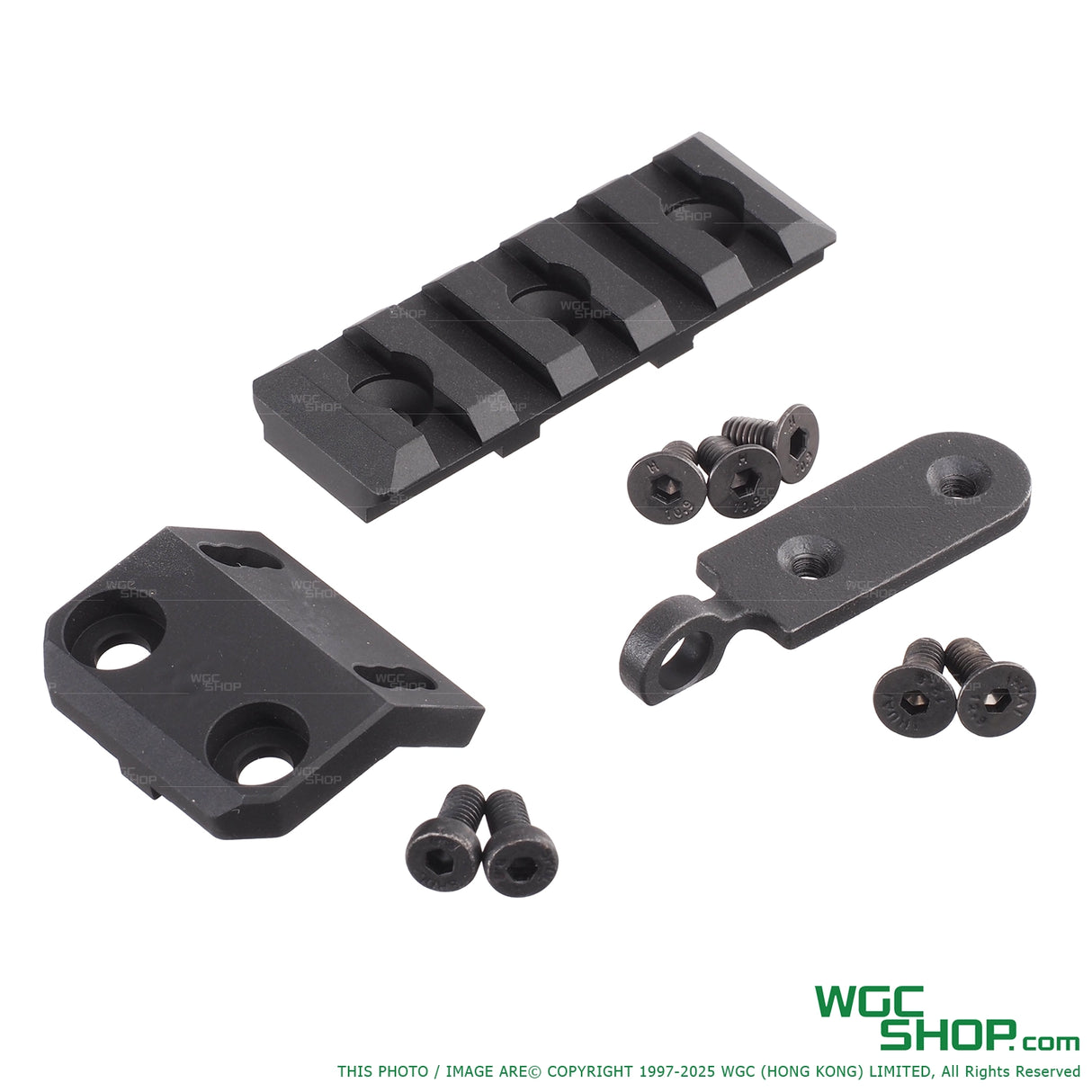 Black metal rail mount kit with screws for firearms, including handguard adapter and sling mount
