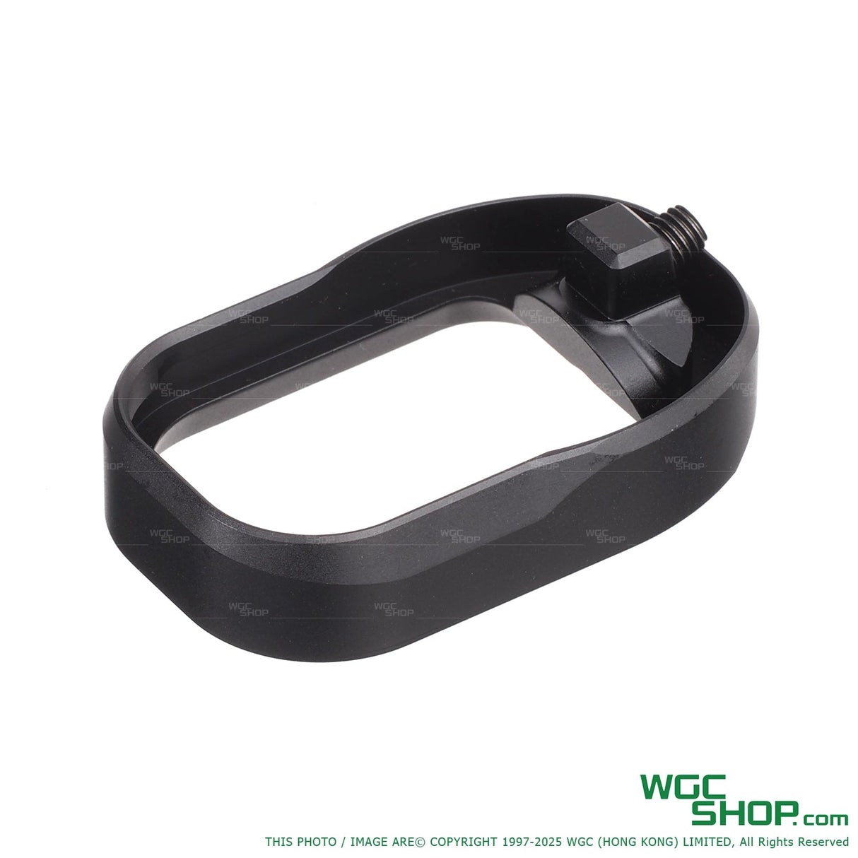 Black CNC aluminum T-style magwell for GHK G17 Gen5 G45 GBB pistols isolated on white