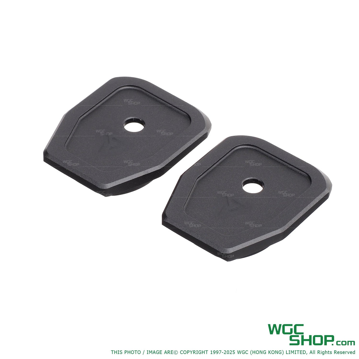 Two black WGC Shop base plates for Parabellum P365 22-round gas magazines on white background