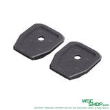Two black WGC Shop base plates for Parabellum P365 22-round gas magazines on white background