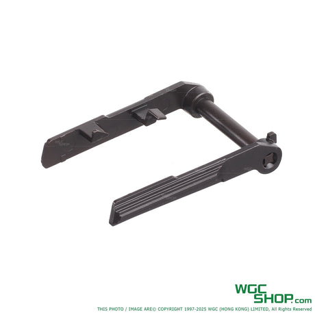 Black steel slide stop assembly for PPQ airsoft pistol on white background